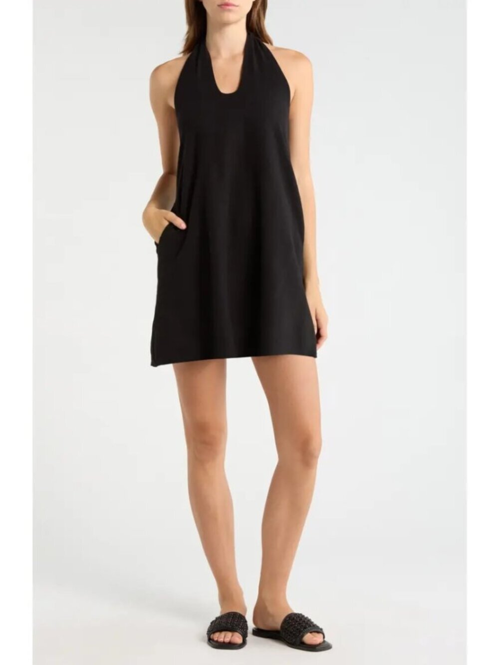 Elan Halter Open Back Cover-Up Dress Black Mini Little Black Dress Swim L NWT